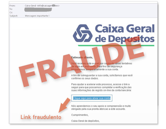 Exemplo de e-mail falsificado que utiliza a imagem da Caixa, contendo uma falsa notificação e um link fraudulento que não deve ser acedido