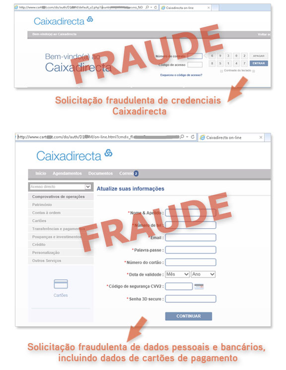 Exemplos de páginas fraudulentas que utilizam a imagem da CGD mas que não estão no domínio cgd.pt nem utilizam o protocolo seguro https