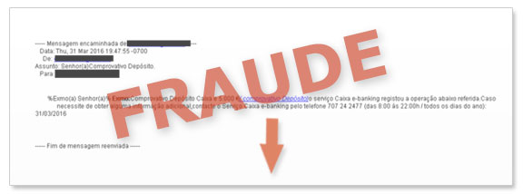 Exemplo de email falsificado contendo um link fraudulento que não deve ser acedido