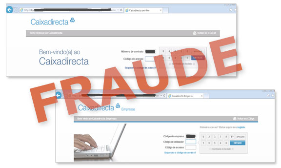 Exemplos de páginas fraudulentas a solicitar as credenciais personalizadas