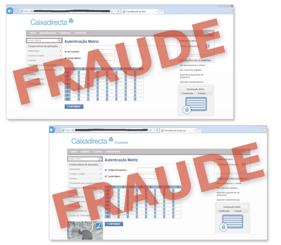 Exemplos de páginas fraudulentas a solicitar a totalidade do cartão matriz