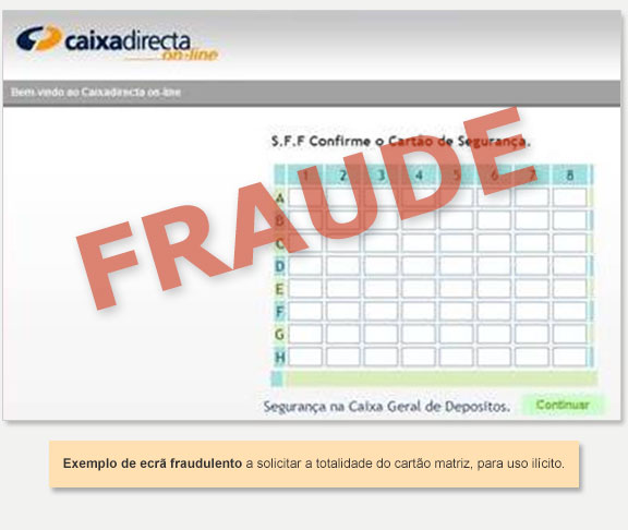 Exemplo de ecrã fraudulento