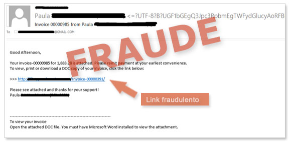Exemplo de email falsificado contendo um link fraudulento que não deve ser acedido