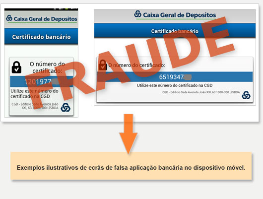 Exemplos ilustrativos de ecrãs de falsa aplicação bancária 
