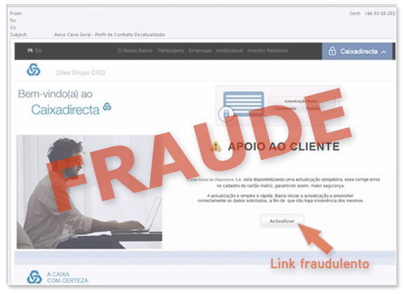 Exemplo de e-mail falsificado que utiliza a imagem da Caixa