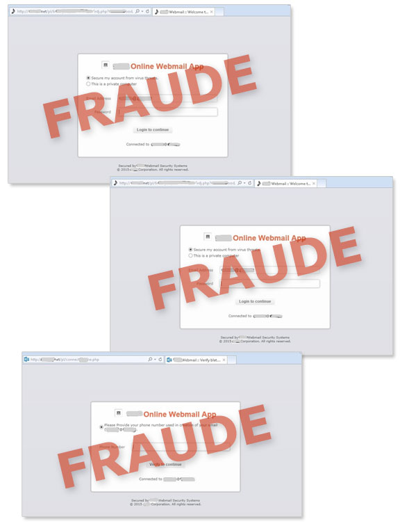 Exemplos de páginas fraudulentas  a solicitar credenciais pessoais