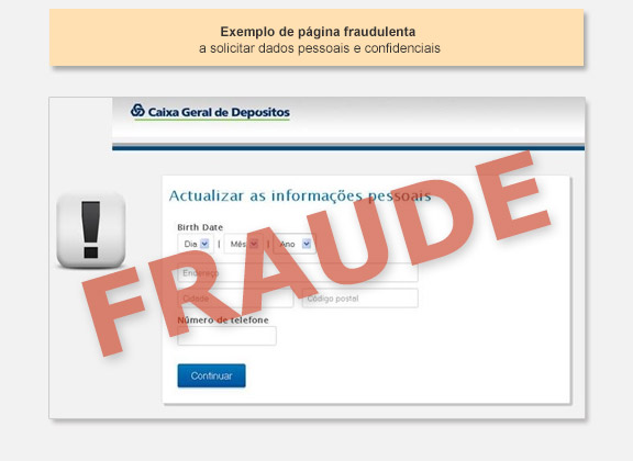 Exemplo de página fraudulenta a solicitar dados pessoais e confidenciais