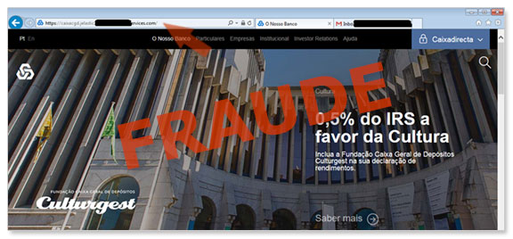 Exemplo de página fraudulenta que utiliza a imagem da CGD mas que não está no domínio cgd.pt