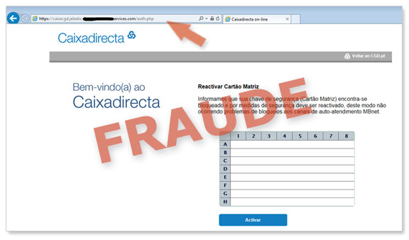 Exemplo de página fraudulenta a solicitar a totalidade do cartão matriz, para uso ilícito