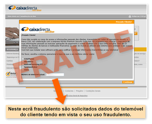 Imagem do ecrã fraudulento