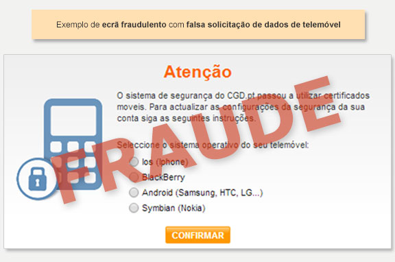 exemplo de ecrã fraudulento