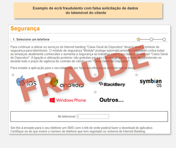 exemplo de ecrã fraudulento