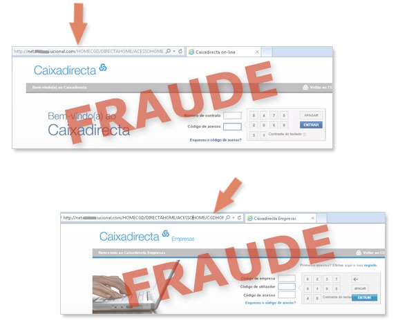 Exemplos de páginas fraudulentas a solicitar as credenciais personalizadas de clientes dos serviços Caixadirecta, para fins ilícitos