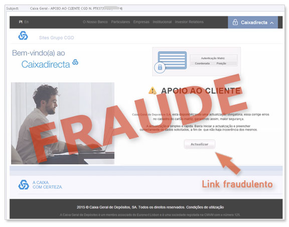 Exemplo de e-mail falsificado que utiliza a imagem da Caixa