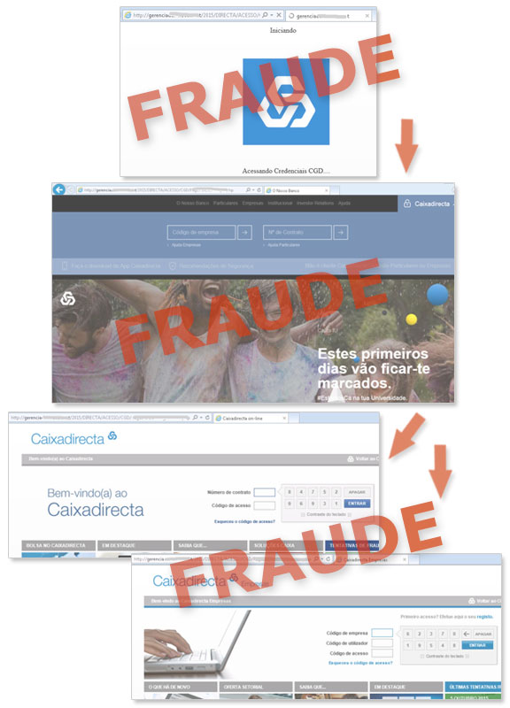 Exemplos de páginas fraudulentas que utilizam a imagem da CGD