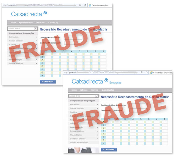 Exemplos de ecrãs fraudulentos a solicitar a totalidade do cartão matriz e outra informação pessoal e confidencial