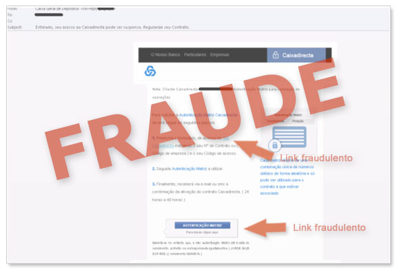 Exemplo de e-mail falsificado que utiliza a imagem da Caixa