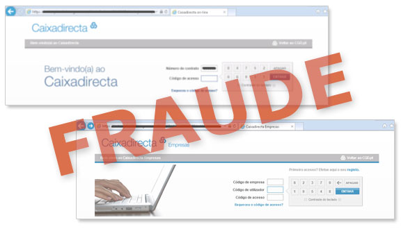 Exemplos de páginas fraudulentas a solicitar as credenciais personalizadas