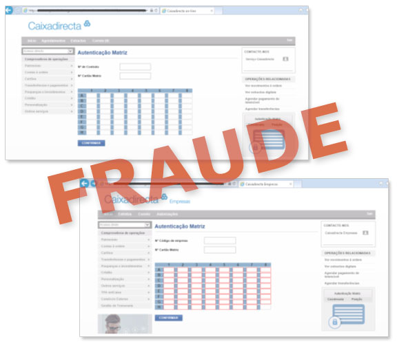 Exemplos de páginas fraudulentas a solicitar a totalidade do cartão matriz