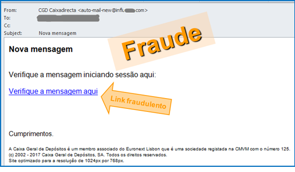 Exemplo de e-mail falsificado que utiliza a imagem da Caixa