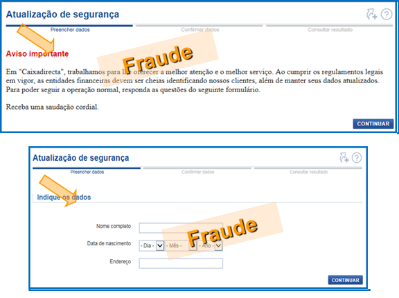 Exemplos de ecrãs fraudulentos a solicitar a totalidade do cartão matriz e outra informação pessoal e confidencial