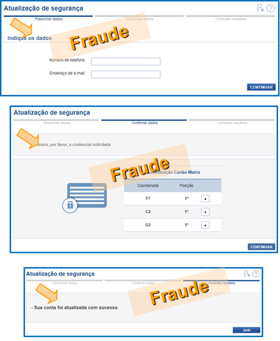 Exemplos de ecrãs fraudulentos a solicitar a totalidade do cartão matriz e outra informação pessoal e confidencial