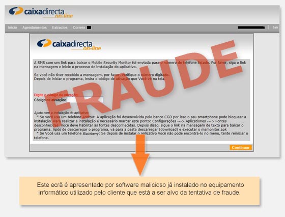 Exemplo de ecrã fraudulento