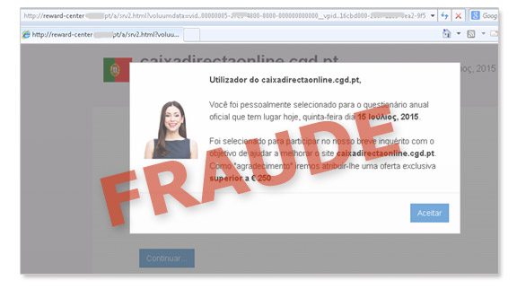 Exemplo de ecrã fraudulento com referência a falso inquérito