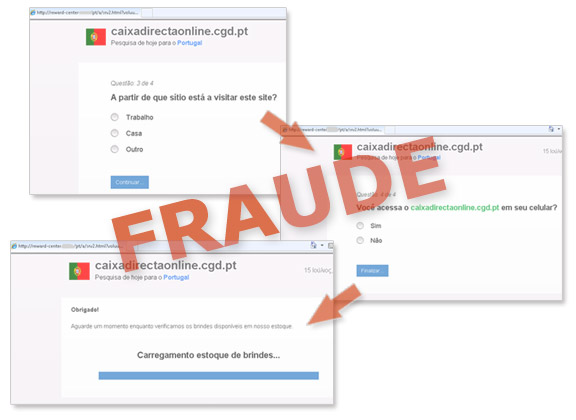 Exemplos de ecrãs fraudulentos com referência a falso inquérito