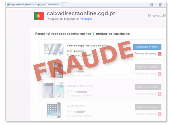 Exemplo de ecrã fraudulento com indicação de supostos prémios