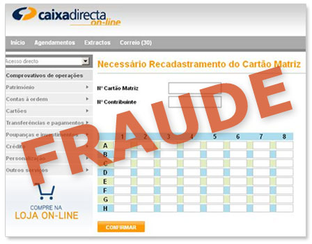 Exemplo de página fraudulenta a solicitar dados pessoais e confidenciais de clientes do serviço Caixadirecta