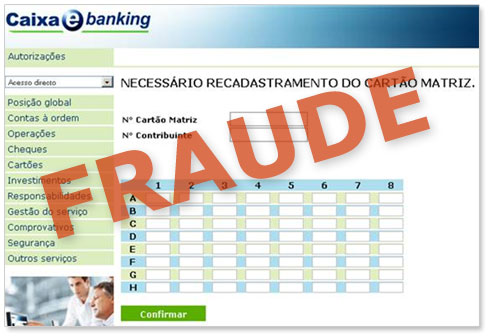 Exemplo de página fraudulenta a solicitar dados pessoais e confidenciais de clientes do serviço Caixa e-Banking