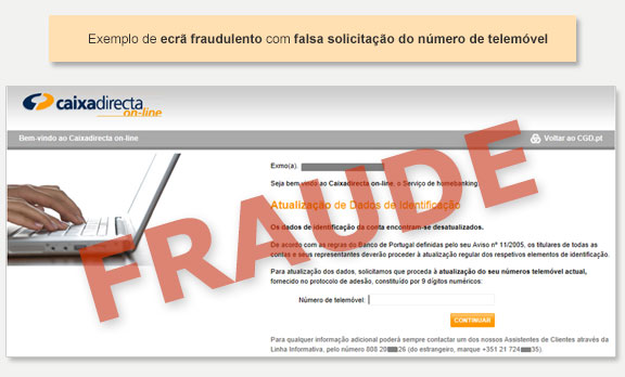 exemplo de ecrã fraudulento