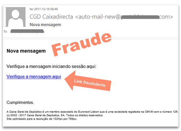 Exemplo de e-mail falsificado que utiliza a imagem da Caixa
