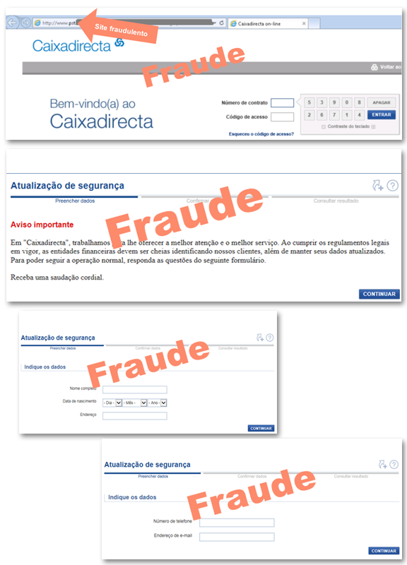 Exemplos de páginas fraudulentas que utilizam a imagem da CGD