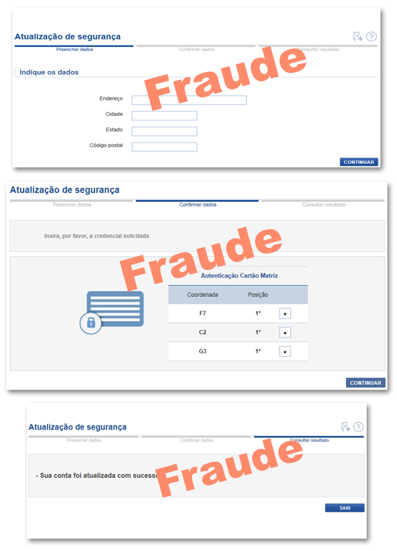 Exemplos de ecrãs fraudulentos a solicitar a totalidade do cartão matriz e outra informação pessoal e confidencial