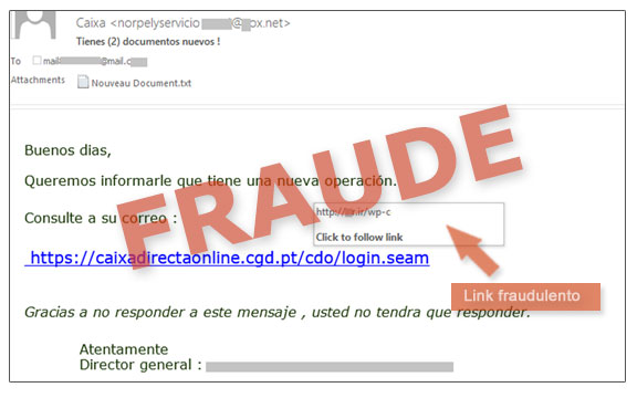 Exemplo de email falsificado contendo um link fraudulento que não deve ser acedido
