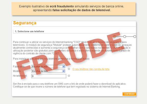 exemplo de ecrã fraudulento simulando serviços de banca online