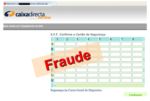 Exemplos de ecrãs falsificados que visam a recolha fraudulenta de dados bancários e outra informação confidencial de clientes.