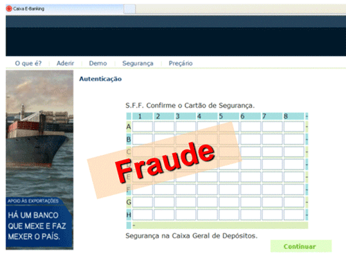 Exemplos de ecrãs falsificados que visam a recolha fraudulenta de dados bancários e outra informação confidencial de clientes.