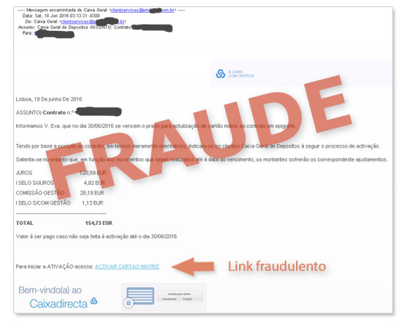 Exemplo de e-mail falsificado que utiliza a imagem da Caixa, contendo um link fraudulento que não deve ser acedido