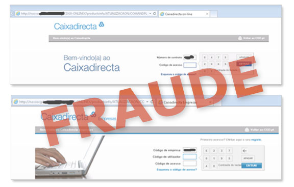 Exemplos de páginas fraudulentas a solicitar as credenciais personalizadas de clientes dos serviços Caixadirecta, para fins ilícitos