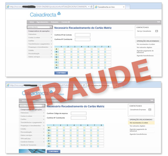Exemplos de páginas fraudulentas a solicitar a totalidade do cartão matriz e outra informação pessoal e confidencial