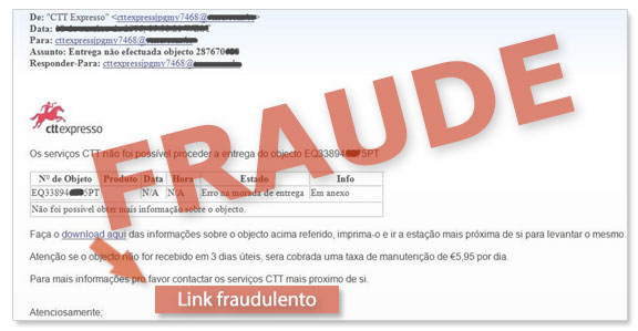 Exemplo de e-mail falsificado que utiliza a imagem dos serviços postais