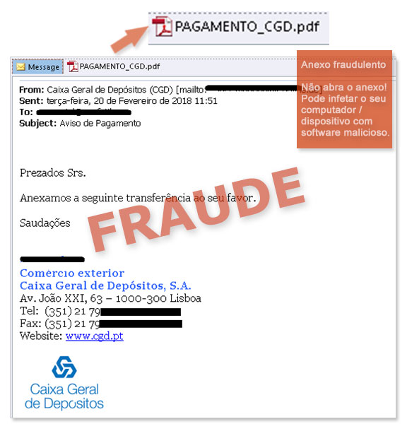 Exemplo de e-mail falsificado que utiliza a imagem da Caixa