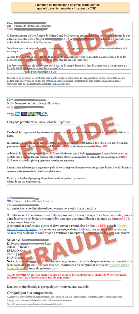 Exemplo de falsos mensagens de email