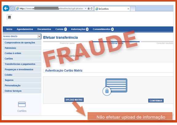 Exemplo de écrãs fraudlentos