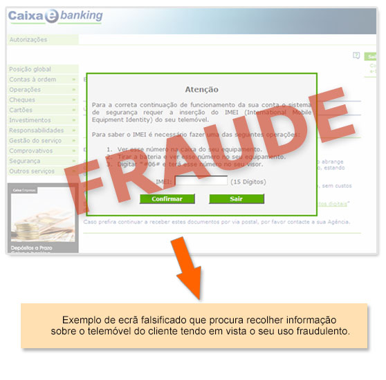 Exemplo de ecrã fraudulento que solicita dados confidenciais de telemóvel