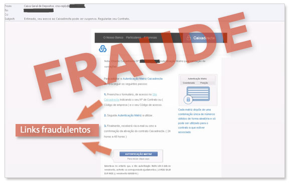 Exemplo de e-mail falsificado que utiliza a imagem da Caixa