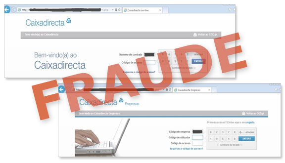Exemplos de páginas fraudulentas a solicitar as credenciais personalizadas